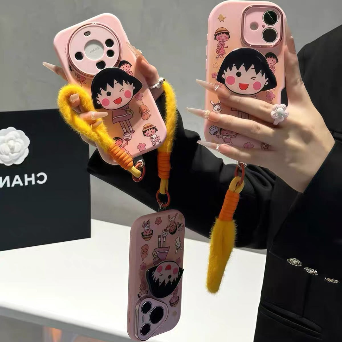 Chibi Maruko-chan Phone Case with Figure Stand and Wrist Strap