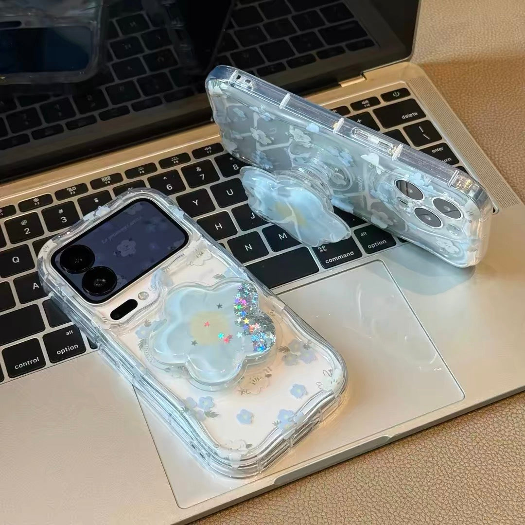 Blue and white floral phone case with a stand