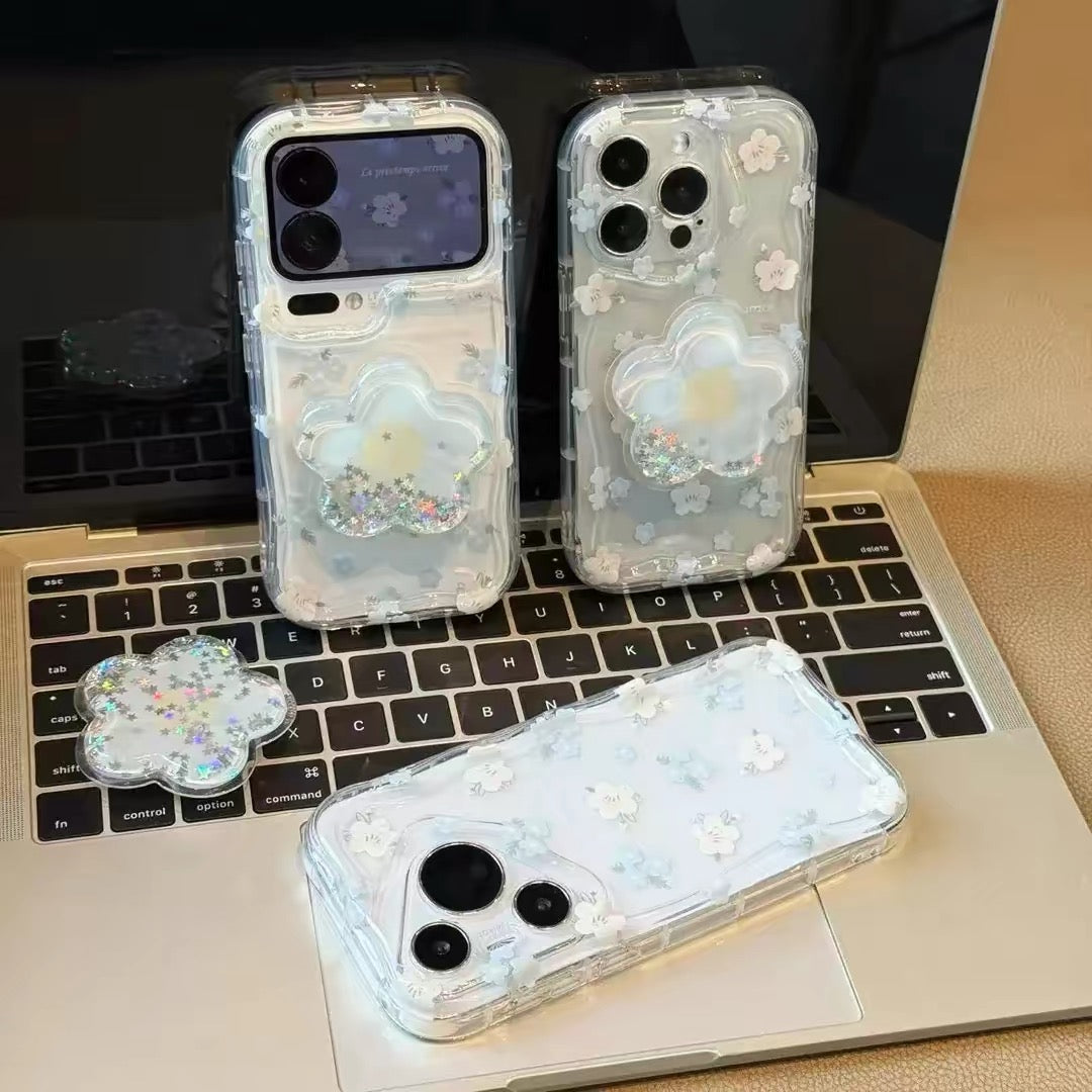 Blue and white floral phone case with a stand