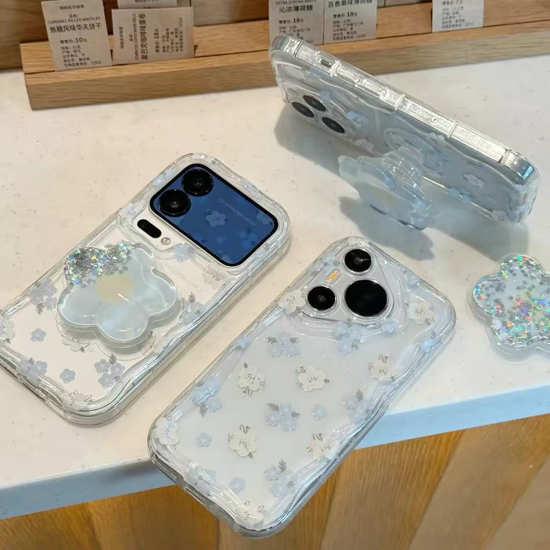 Blue and white floral phone case with a stand