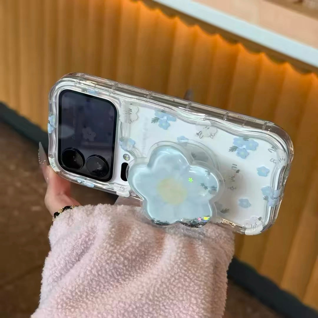 Blue and white floral phone case with a stand