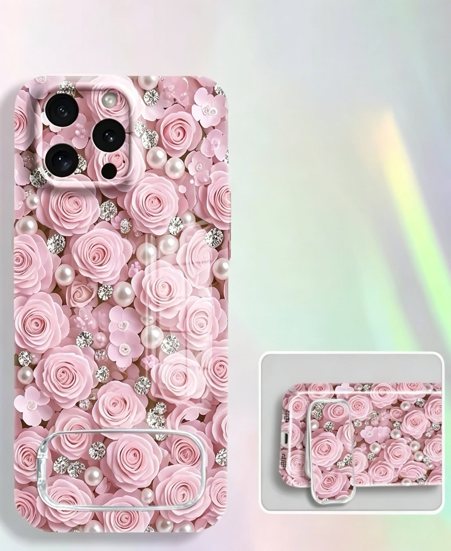 Phone case with a mirror stand, featuring an all-over design of pink rose-shaped beads.