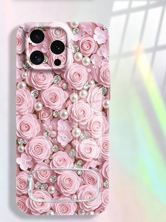 Phone case with a mirror stand, featuring an all-over design of pink rose-shaped beads.