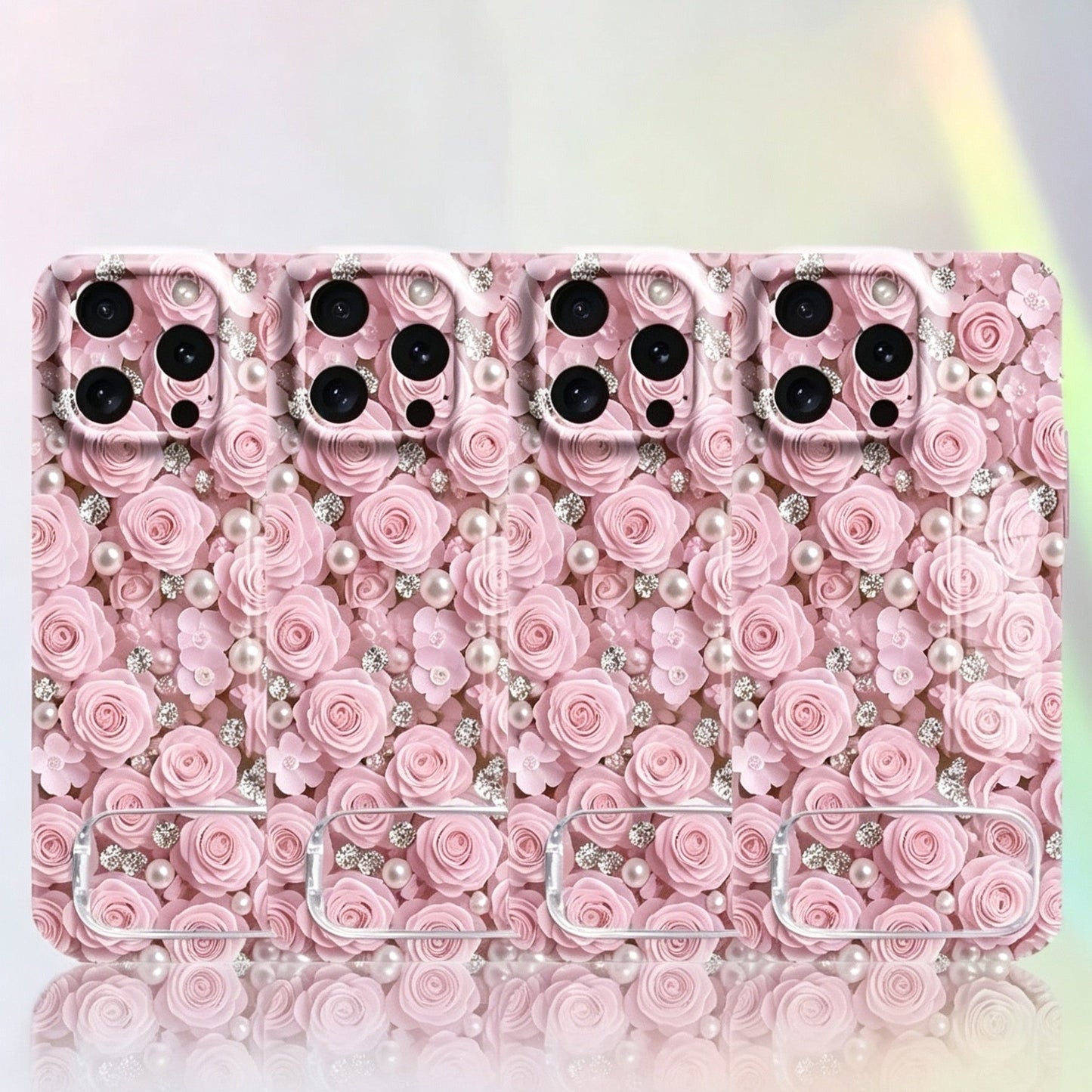 Phone case with a mirror stand, featuring an all-over design of pink rose-shaped beads.