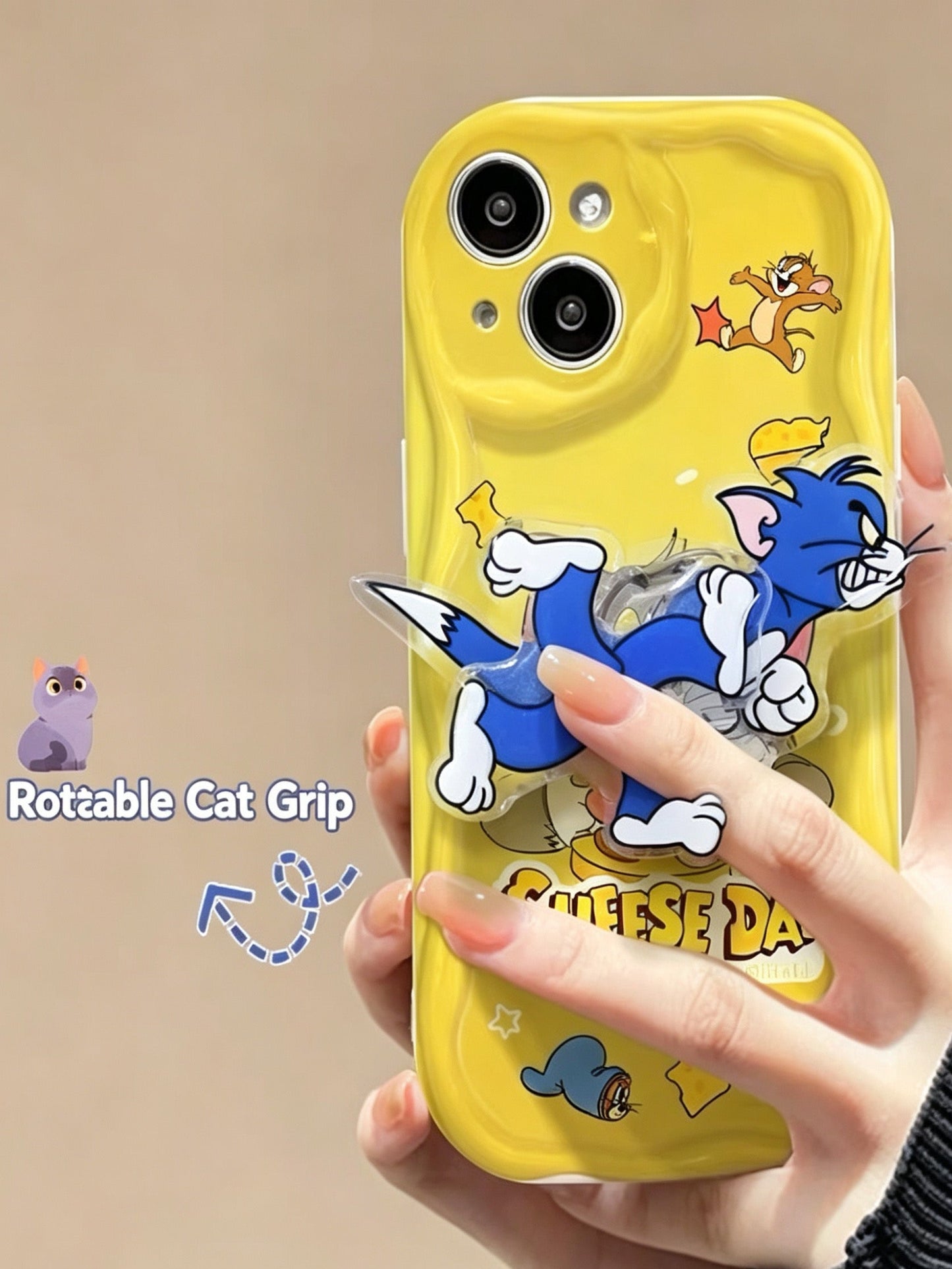 Cream-textured Tom & Jerry rotating stand phone case