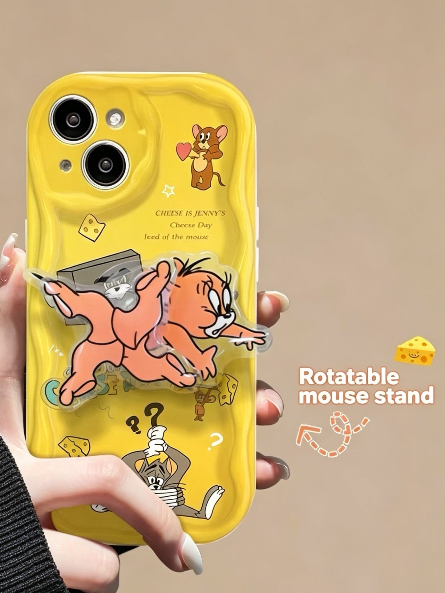 Cream-textured Tom & Jerry rotating stand phone case