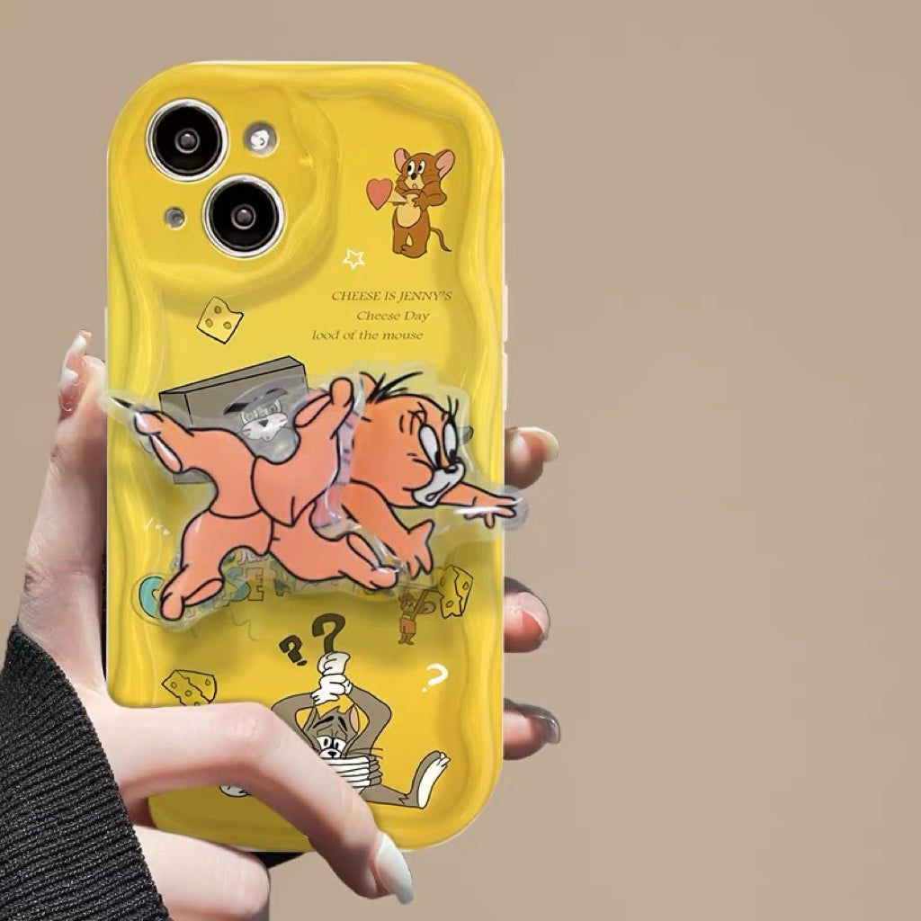 Cream-textured Tom & Jerry rotating stand phone case