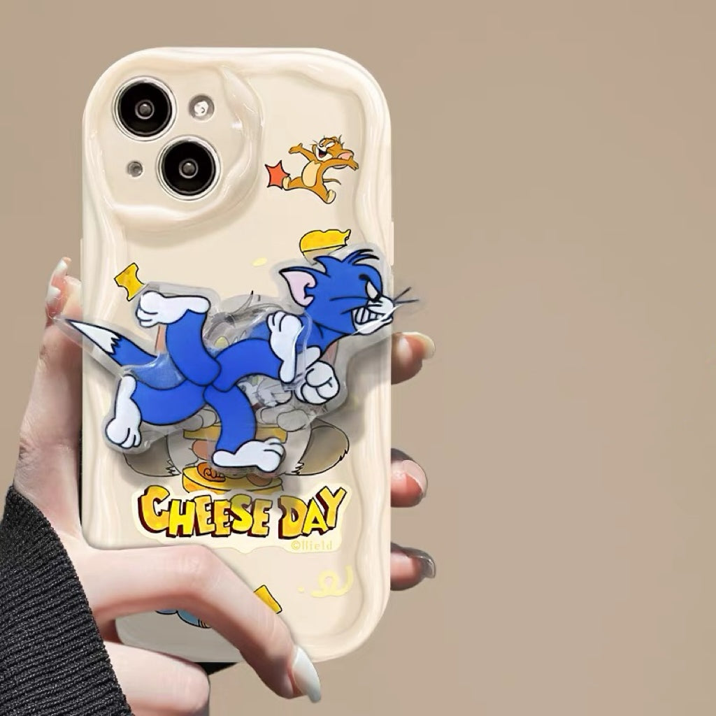 Cream-textured Tom & Jerry rotating stand phone case