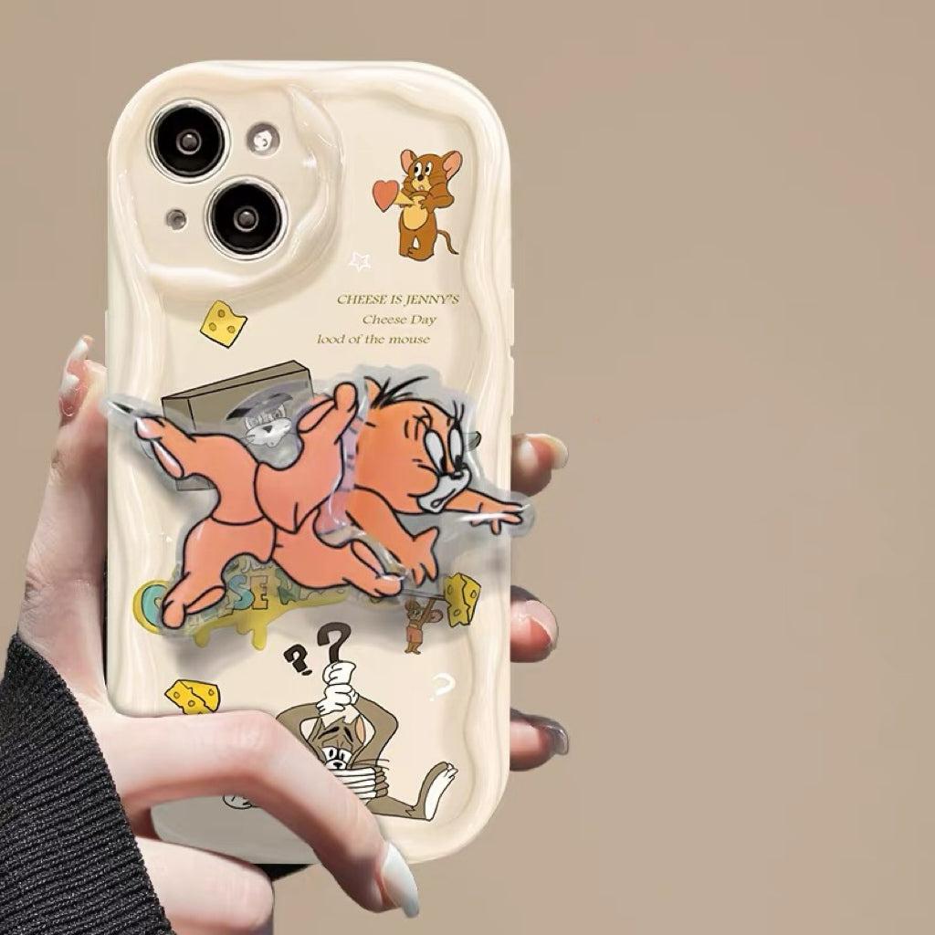 Cream-textured Tom & Jerry rotating stand phone case