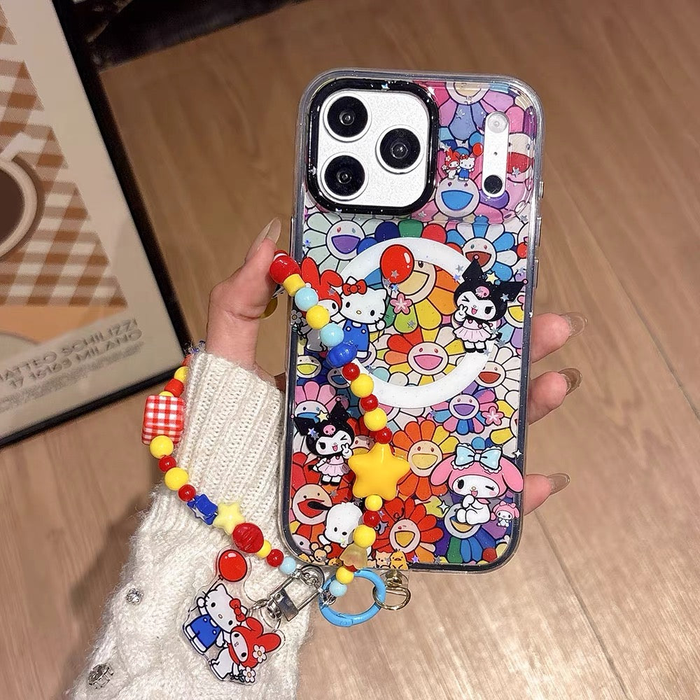 2-in-1 Sanrio-themed magnetic sta2-in-1 Sanrio-themed magnetic stand phone case with a colorful sunflower shaker charm.nd phone case with a colorful sunflower shaker charm.