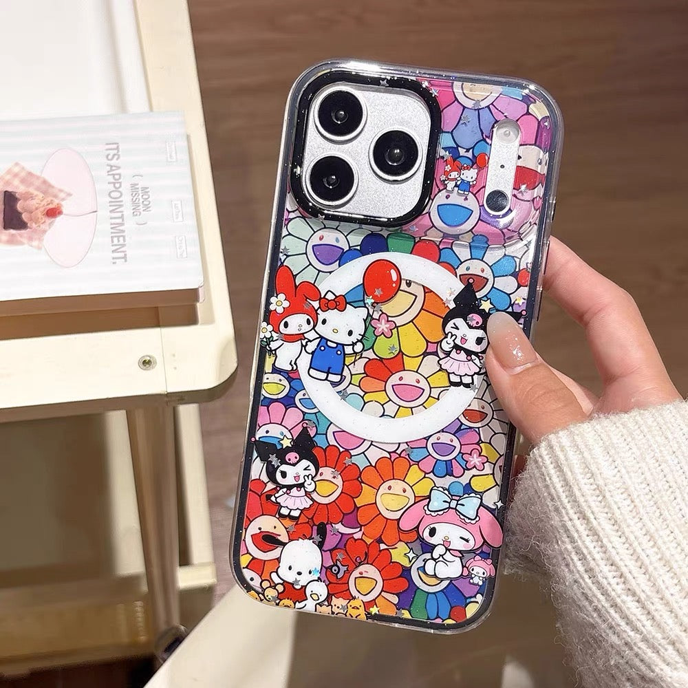 2-in-1 Sanrio-themed magnetic sta2-in-1 Sanrio-themed magnetic stand phone case with a colorful sunflower shaker charm.nd phone case with a colorful sunflower shaker charm.