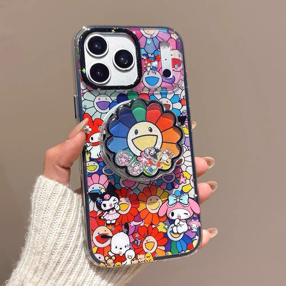 2-in-1 Sanrio-themed magnetic sta2-in-1 Sanrio-themed magnetic stand phone case with a colorful sunflower shaker charm.nd phone case with a colorful sunflower shaker charm.