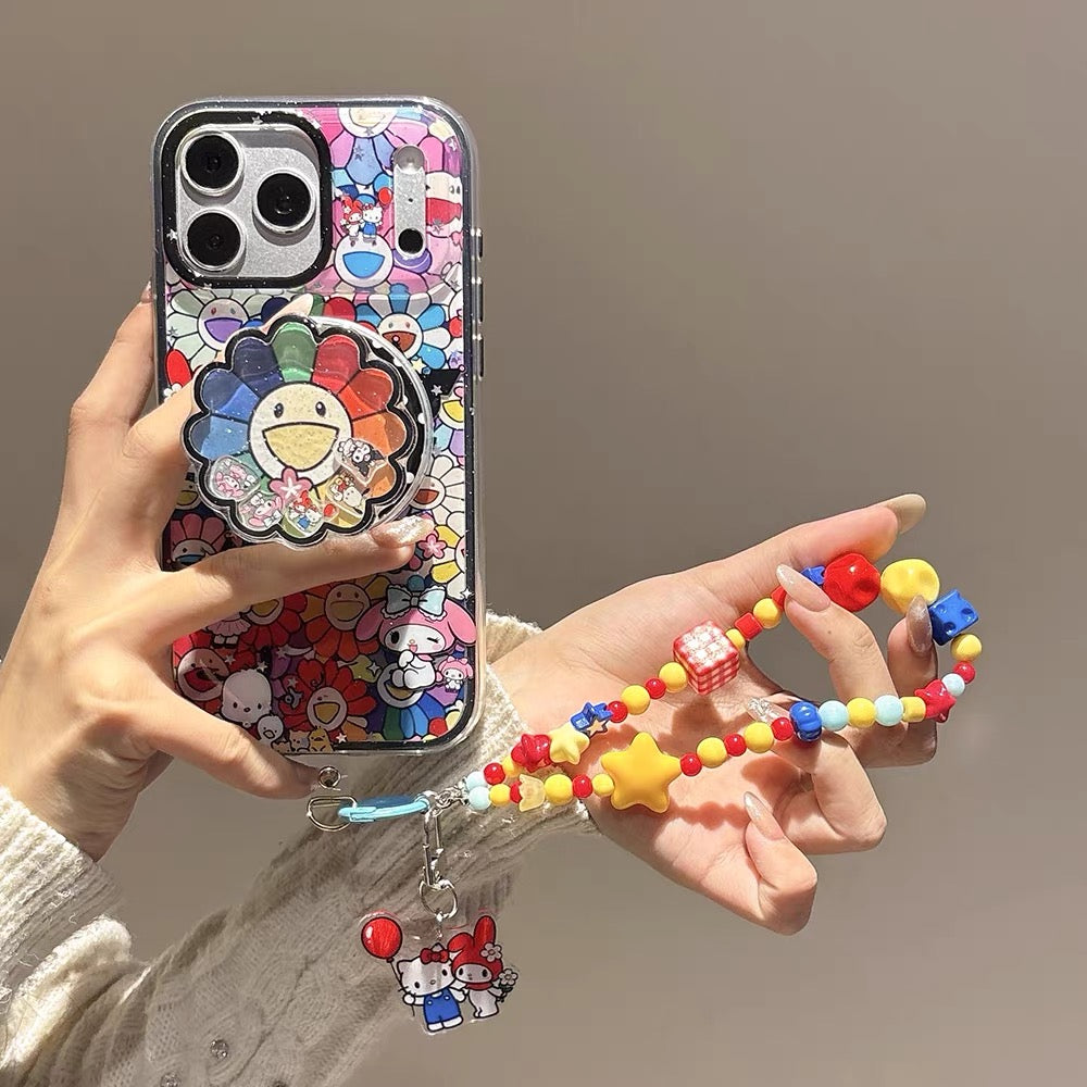 2-in-1 Sanrio-themed magnetic sta2-in-1 Sanrio-themed magnetic stand phone case with a colorful sunflower shaker charm.nd phone case with a colorful sunflower shaker charm.