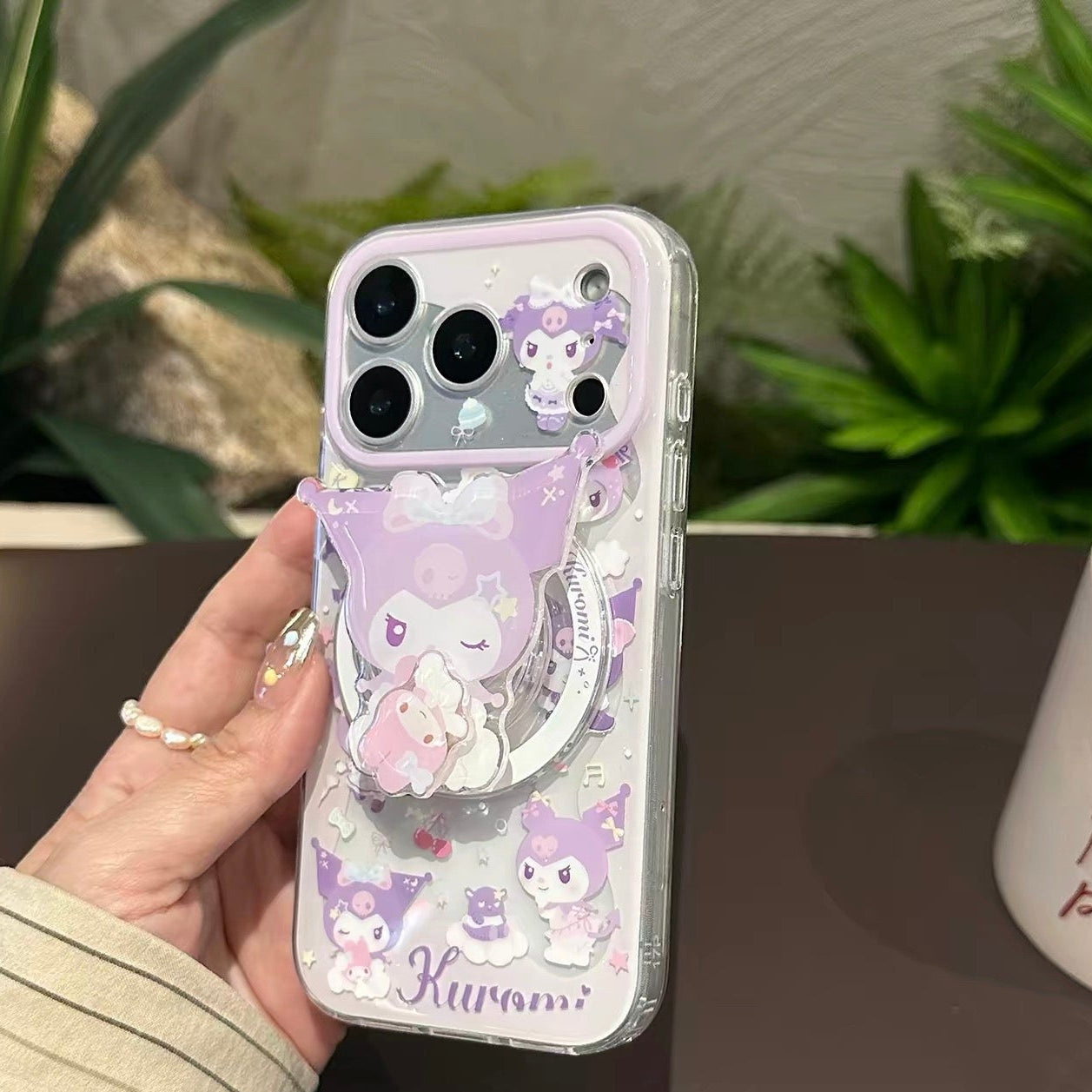 Magnetic Phone Case with Cartoon Figurine Holder and Wrist Strap