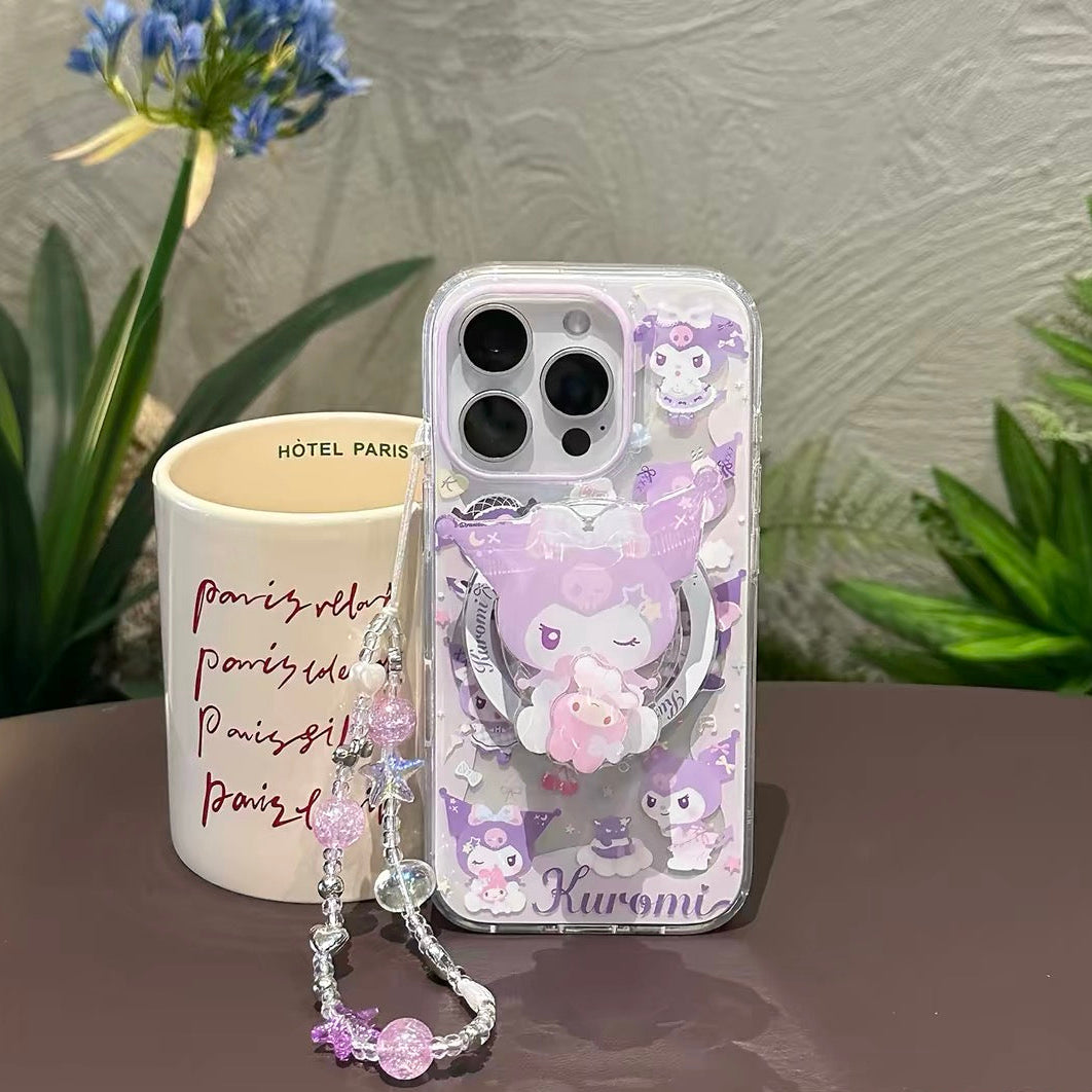 Magnetic Phone Case with Cartoon Figurine Holder and Wrist Strap