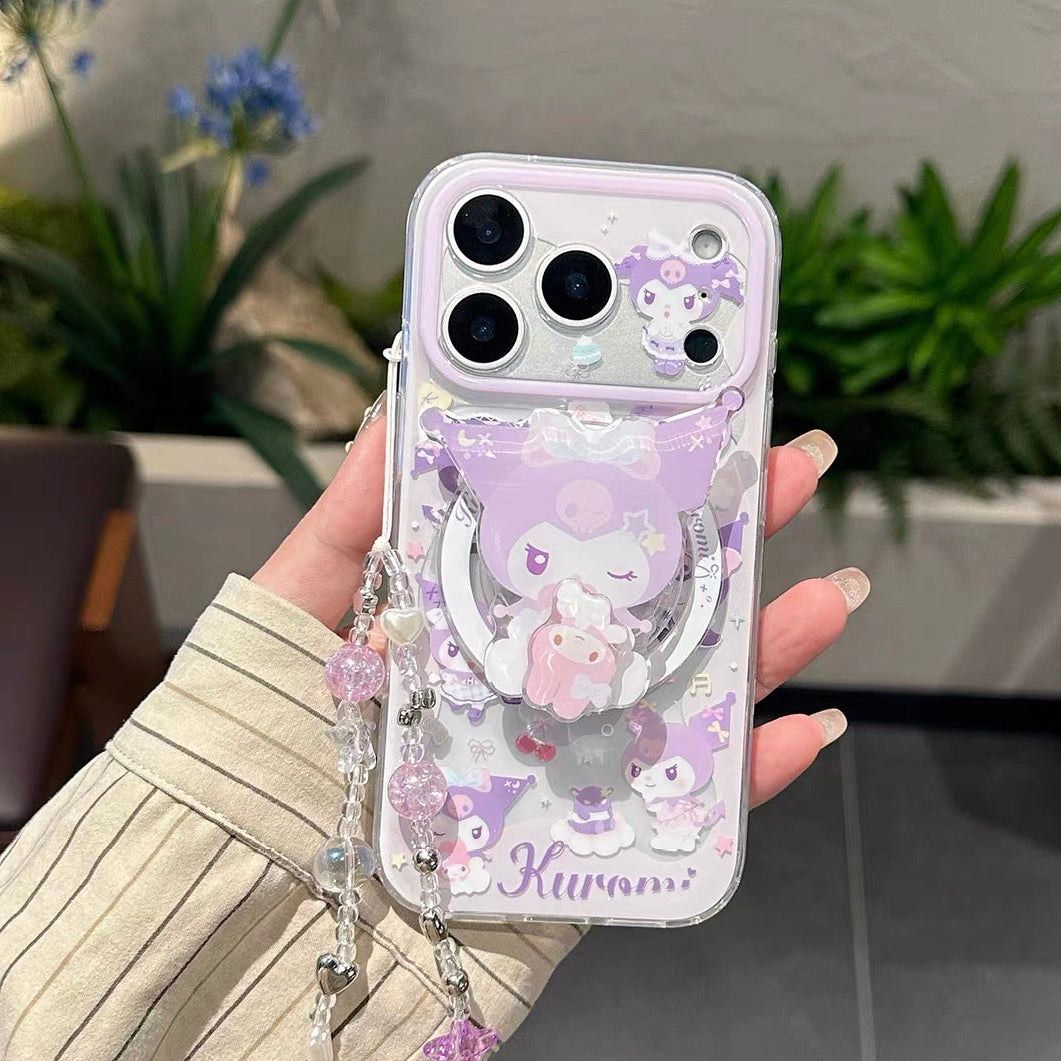 Magnetic Phone Case with Cartoon Figurine Holder and Wrist Strap