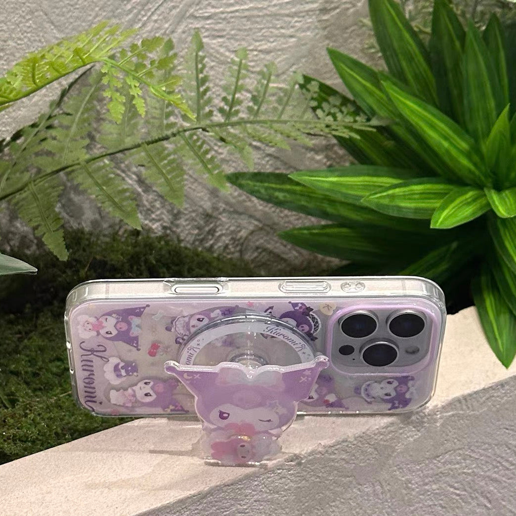 Magnetic Phone Case with Cartoon Figurine Holder and Wrist Strap