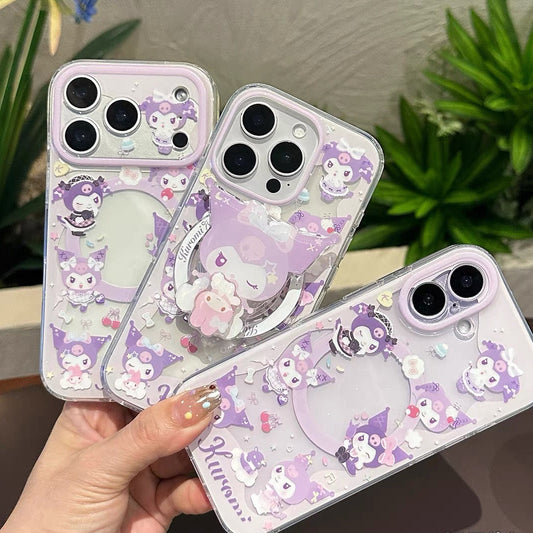 Magnetic Phone Case with Cartoon Figurine Holder and Wrist Strap