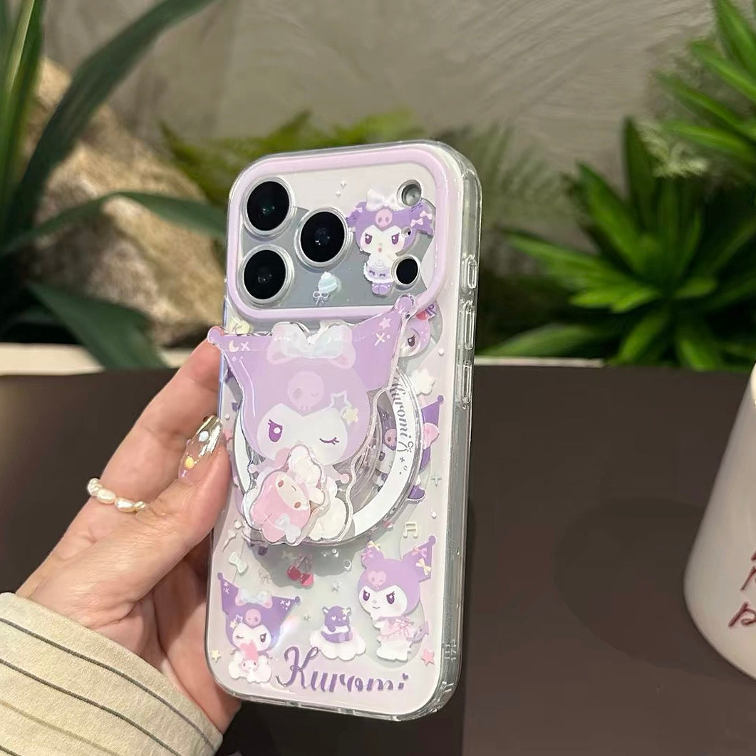 Magnetic Phone Case with Cartoon Figurine Holder and Wrist Strap
