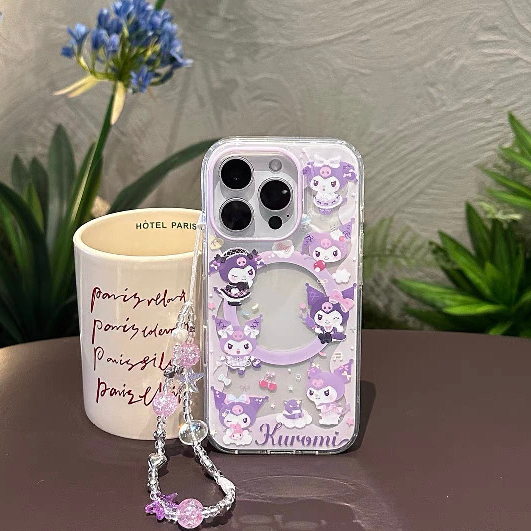 Magnetic Phone Case with Cartoon Figurine Holder and Wrist Strap