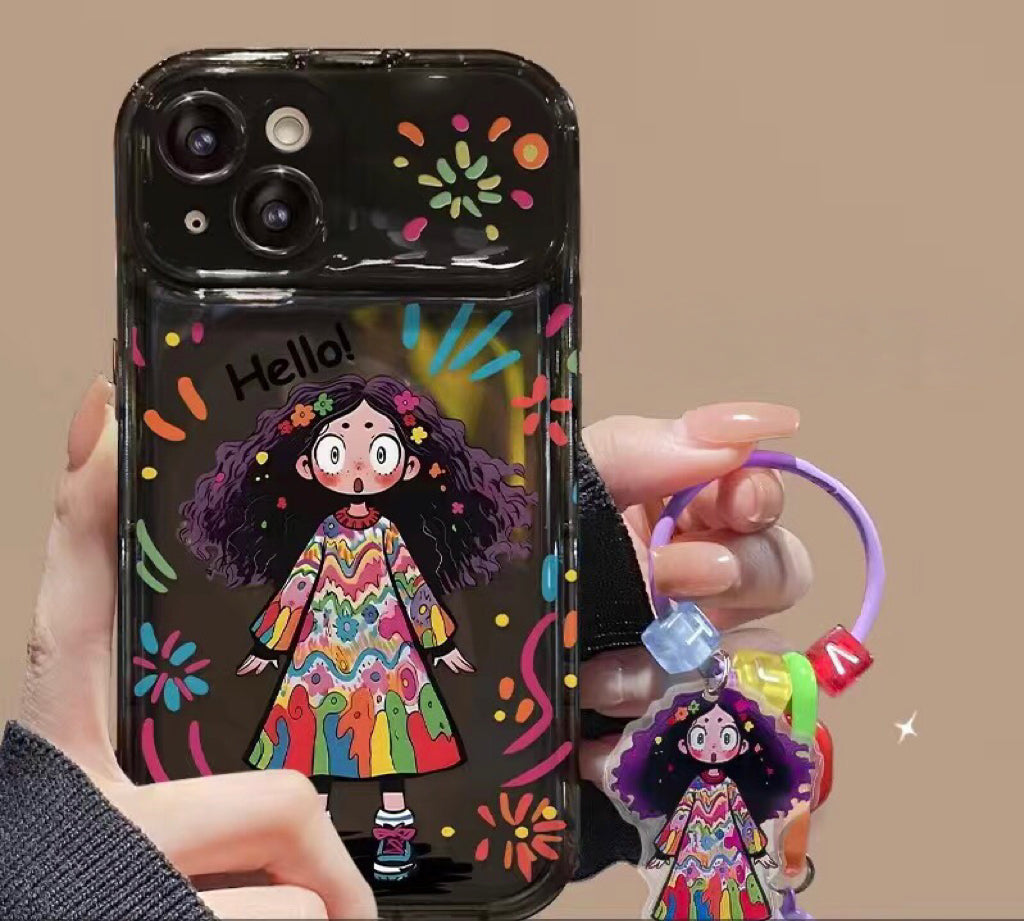 Colorful curly-haired girl portable mirror phone case