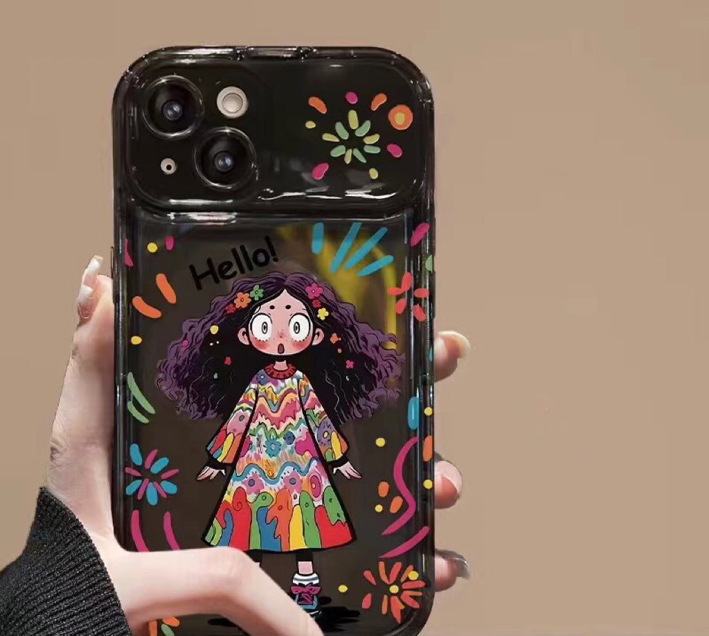 Colorful curly-haired girl portable mirror phone case