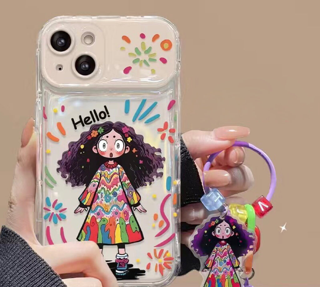 Colorful curly-haired girl portable mirror phone case