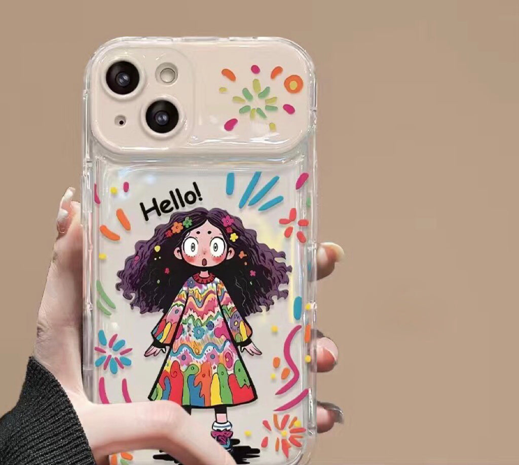 Colorful curly-haired girl portable mirror phone case