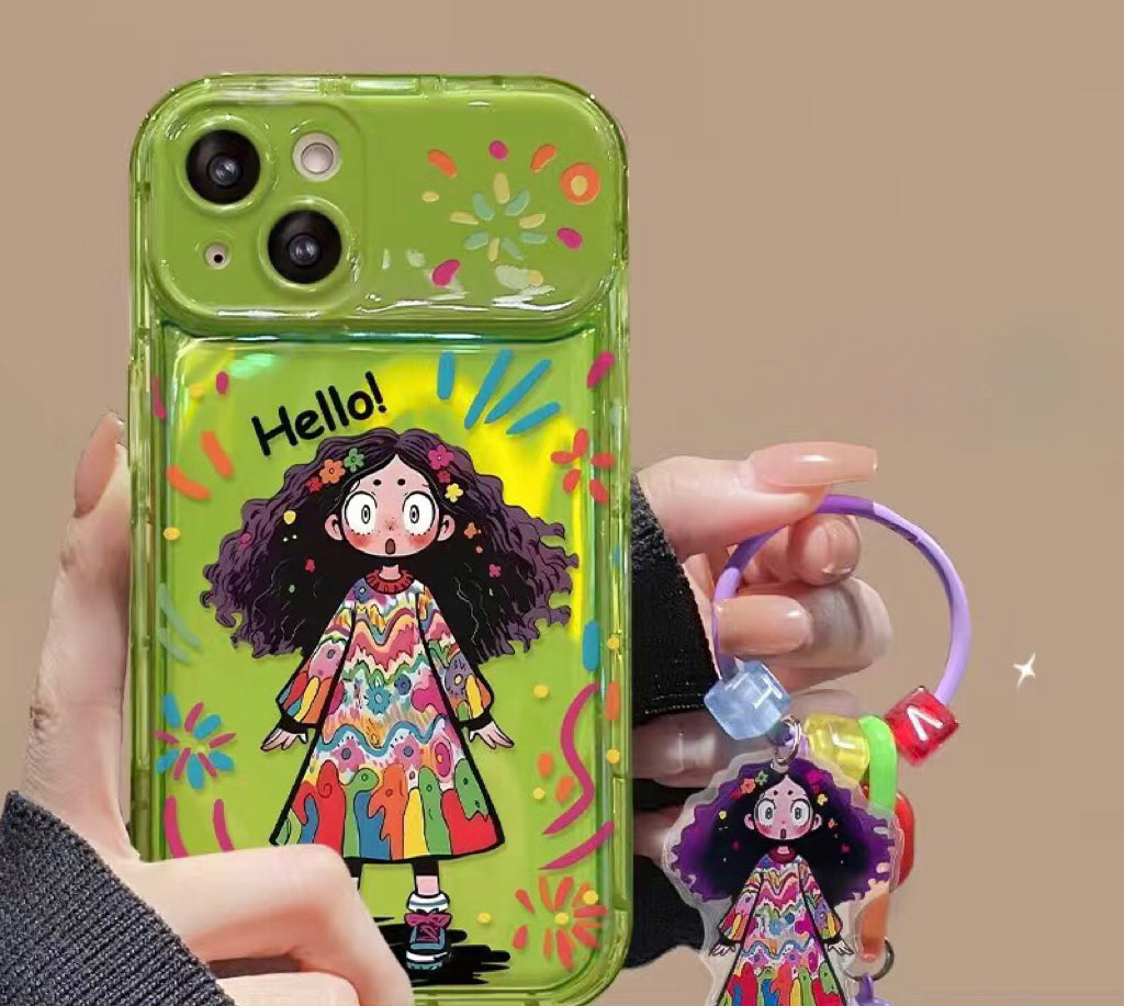 Colorful curly-haired girl portable mirror phone case