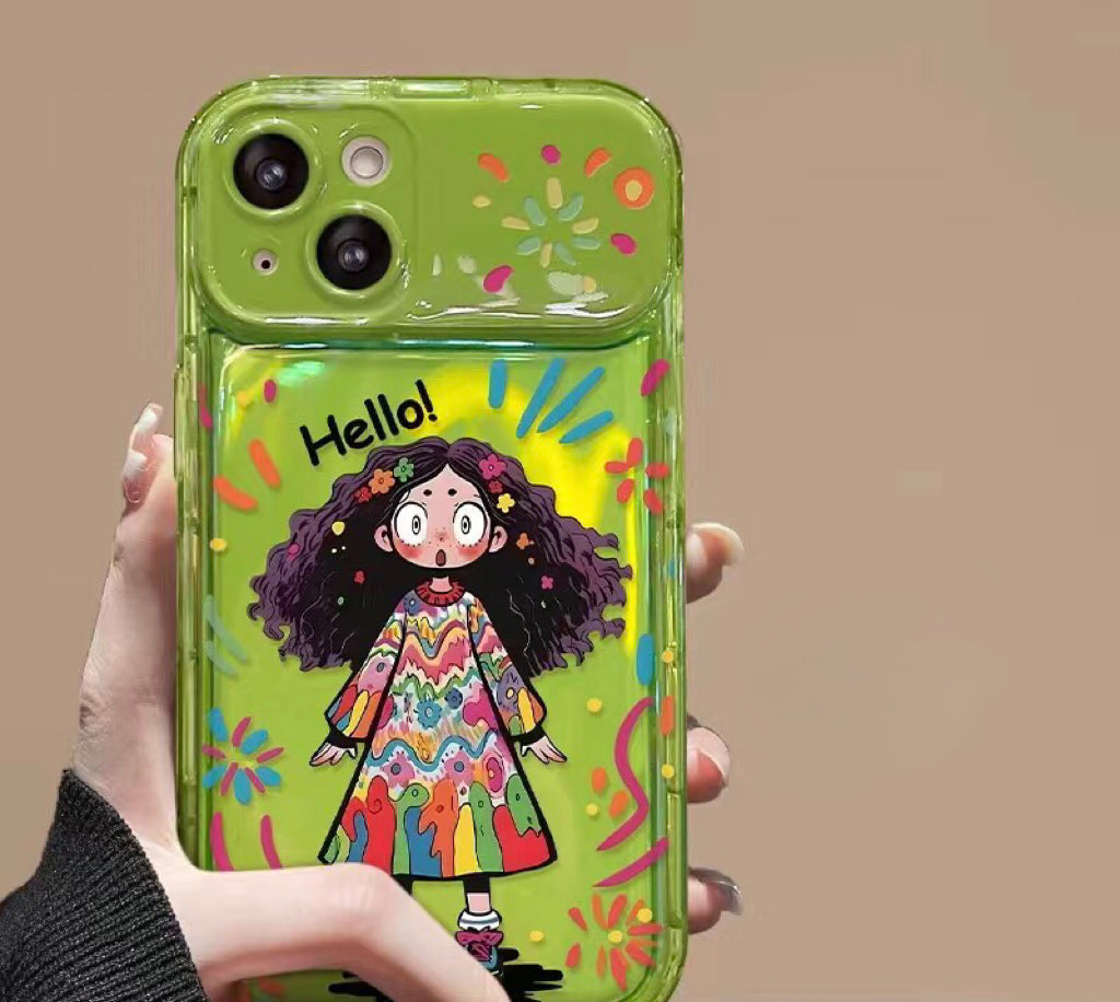 Colorful curly-haired girl portable mirror phone case