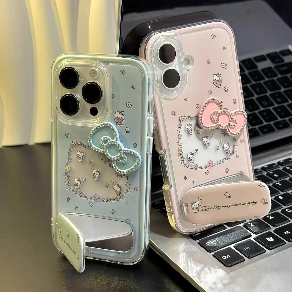 New Rhinestone-Studded Hello Kitty Bow Mirror Stand Phone Case
