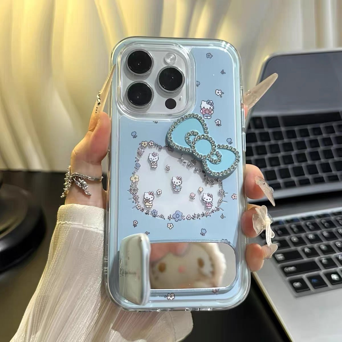 New Rhinestone-Studded Hello Kitty Bow Mirror Stand Phone Case