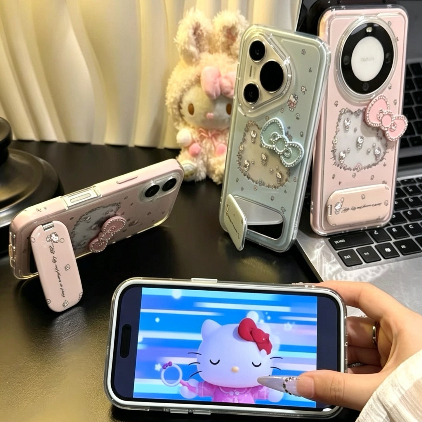 New Rhinestone-Studded Hello Kitty Bow Mirror Stand Phone Case