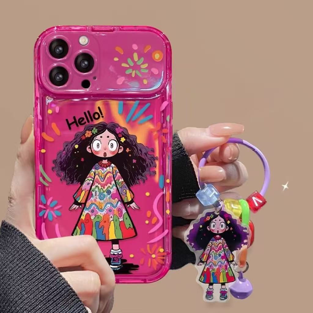 Colorful curly-haired girl portable mirror phone case
