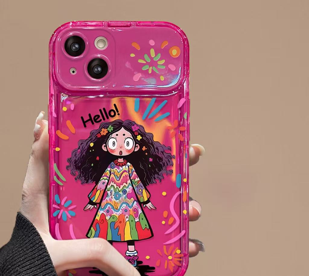Colorful curly-haired girl portable mirror phone case