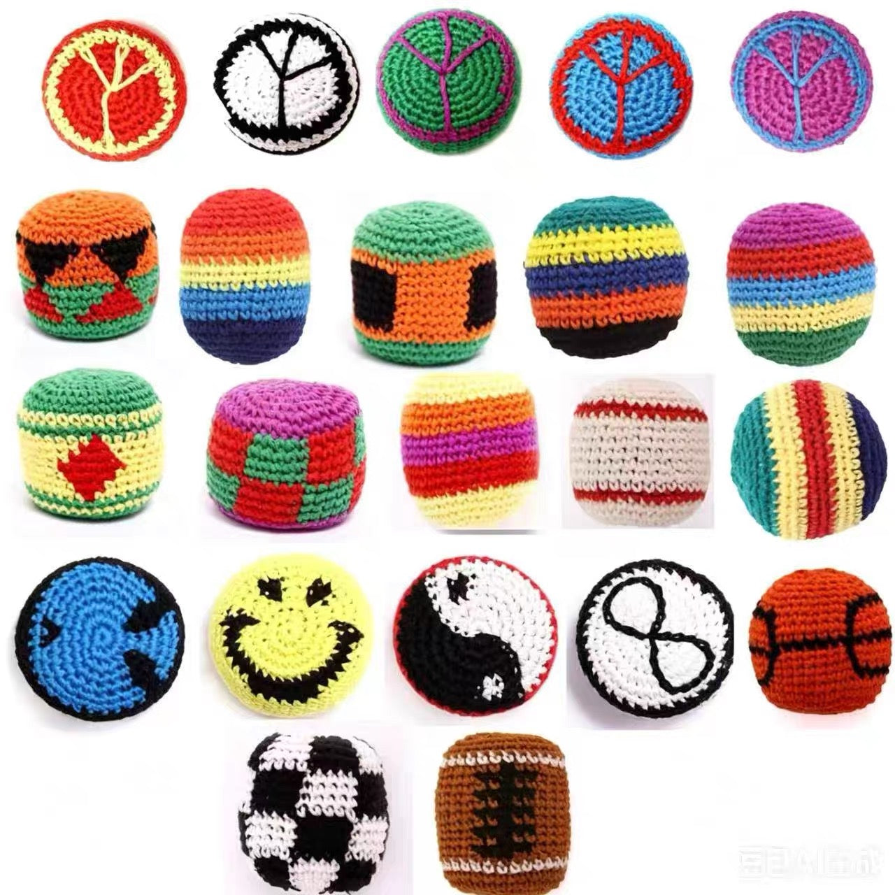 Set of assorted hand-woven beanbags filled with pellets