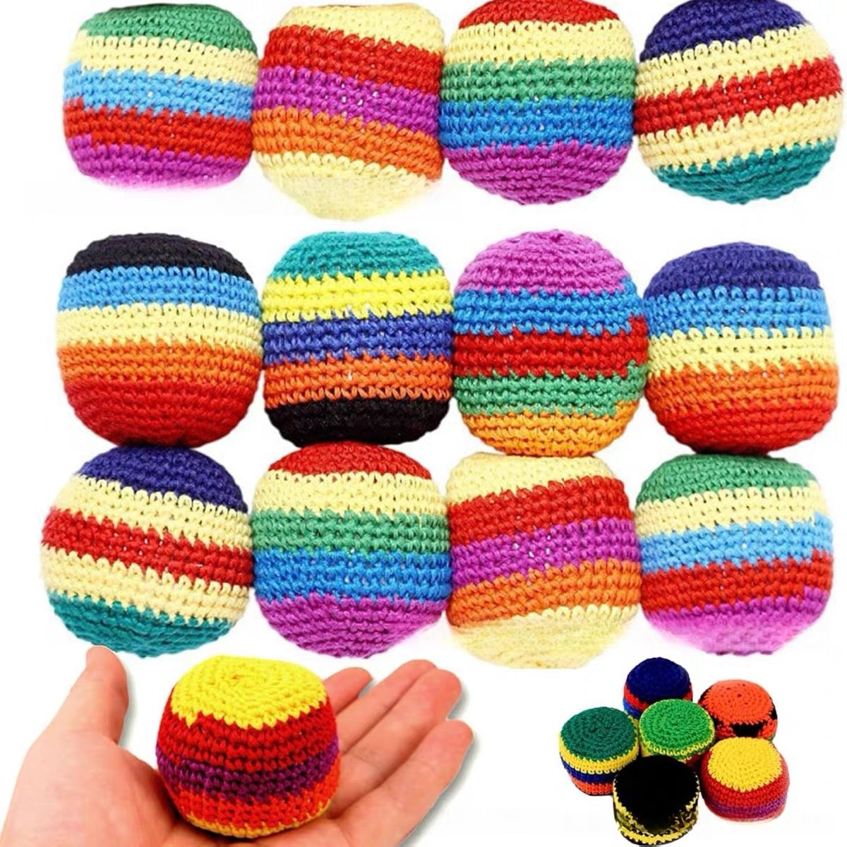 Set of assorted hand-woven beanbags filled with pellets