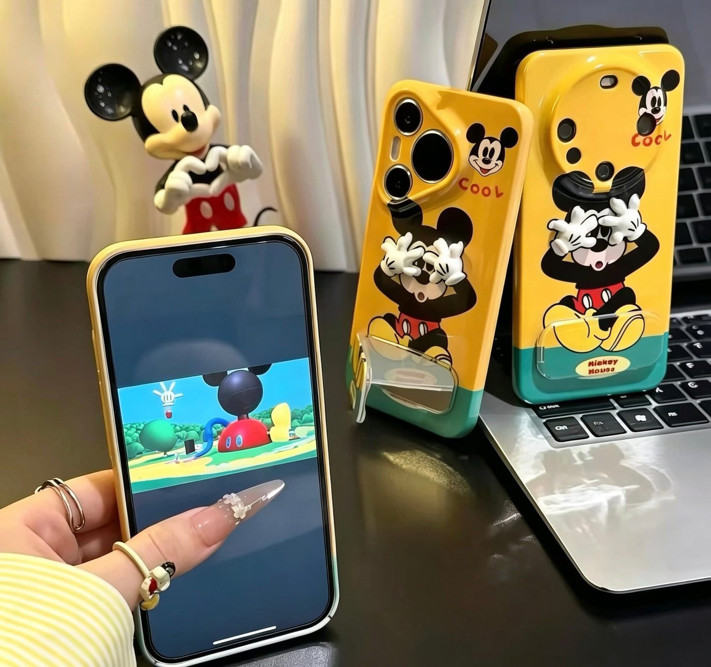 "Face-palming Mickey" phone case with mirror and kickstand