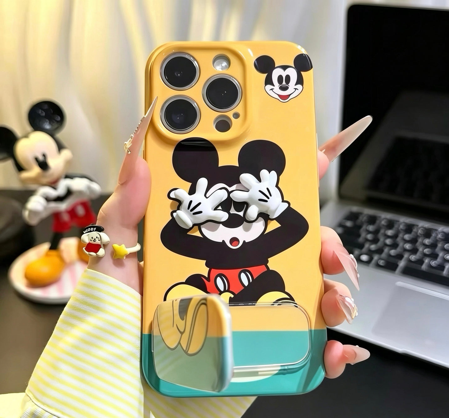 "Face-palming Mickey" phone case with mirror and kickstand