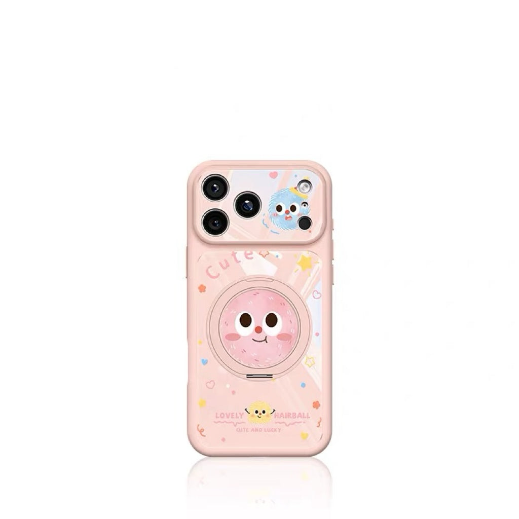 Cute and Quirky Fluffy Pom-Pom Rotating Stand Phone Case