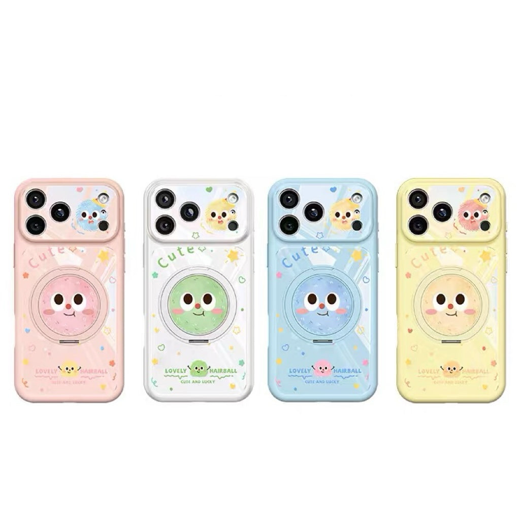 Cute and Quirky Fluffy Pom-Pom Rotating Stand Phone Case