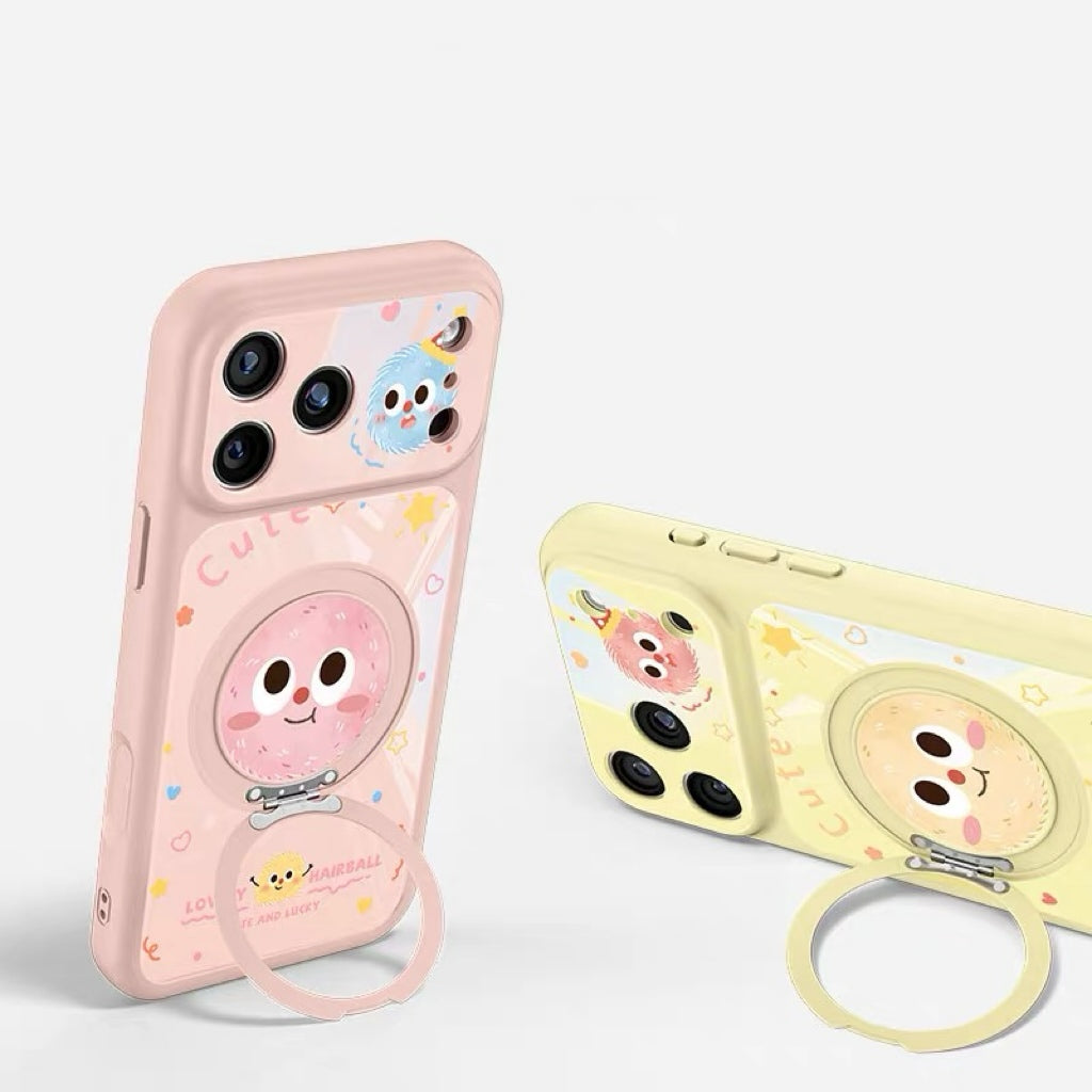 Cute and Quirky Fluffy Pom-Pom Rotating Stand Phone Case