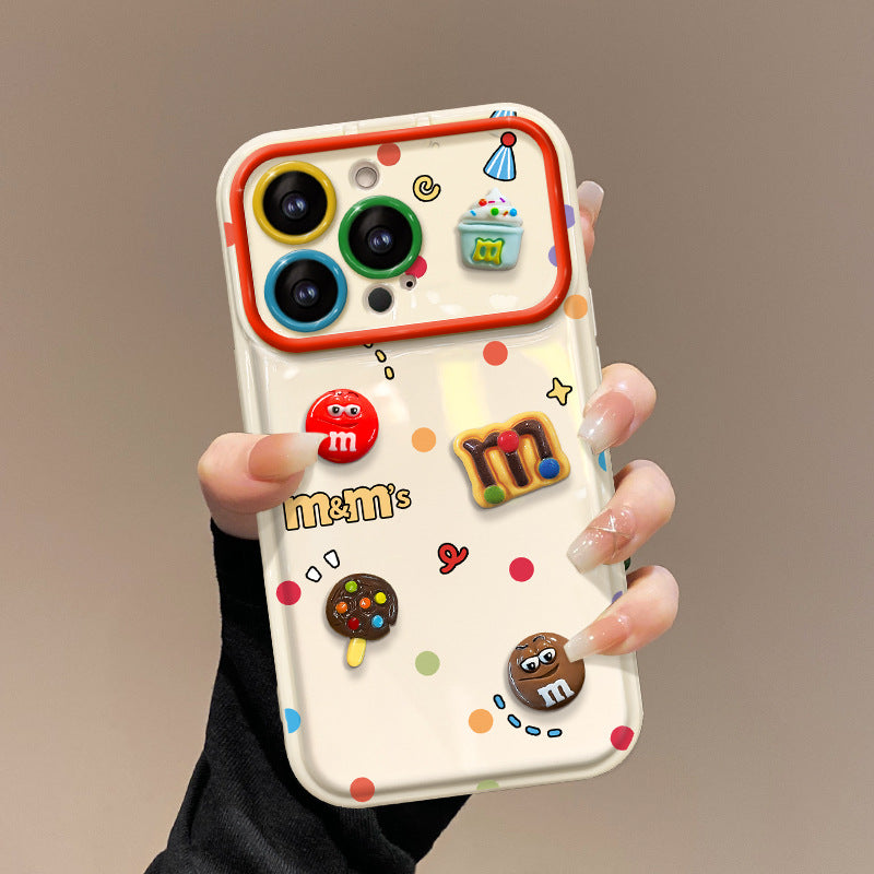 Polka-dot M&M character phone case with a flip-out mirror and wrist strap.