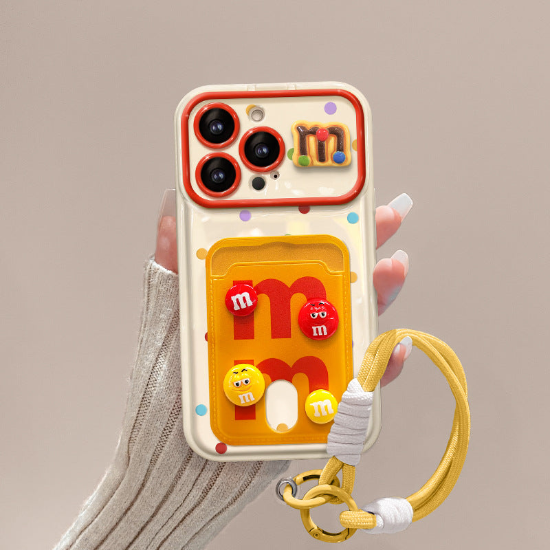 Flip-mirror M&M's character phone case with card holder and lanyard