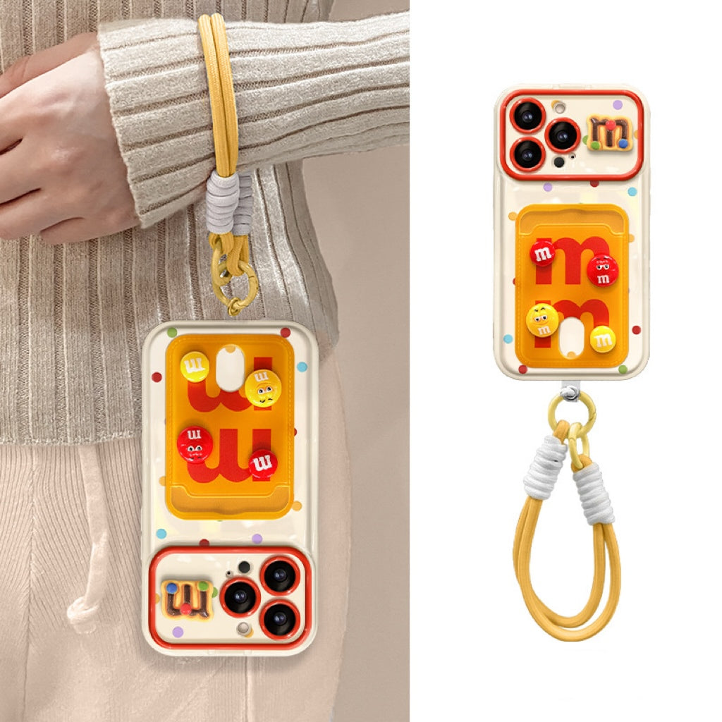 Flip-mirror M&M's character phone case with card holder and lanyard
