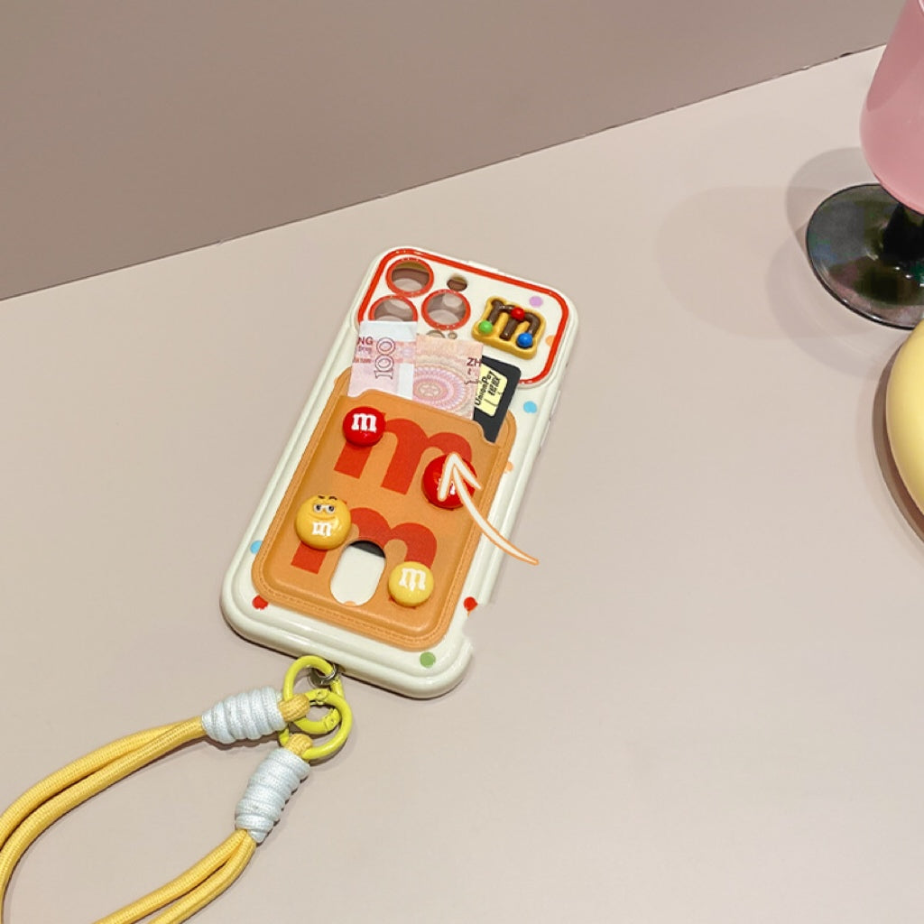 Flip-mirror M&M's character phone case with card holder and lanyard