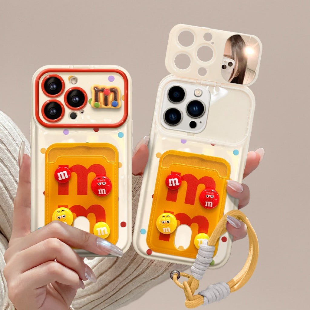 Flip-mirror M&M's character phone case with card holder and lanyard