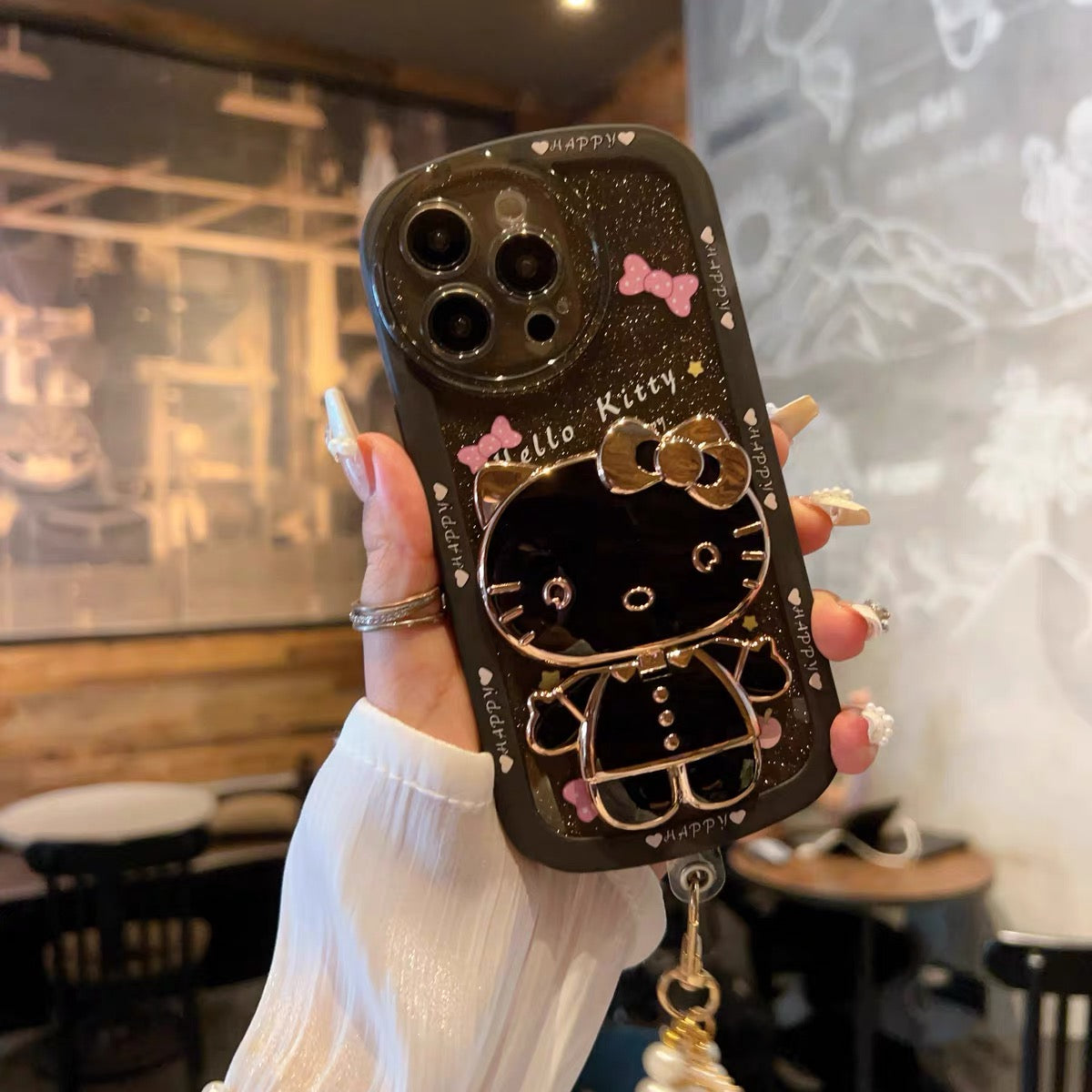 Cartoon Hello Kitty Phone Case with Mirror, Kickstand, and Wrist Strap