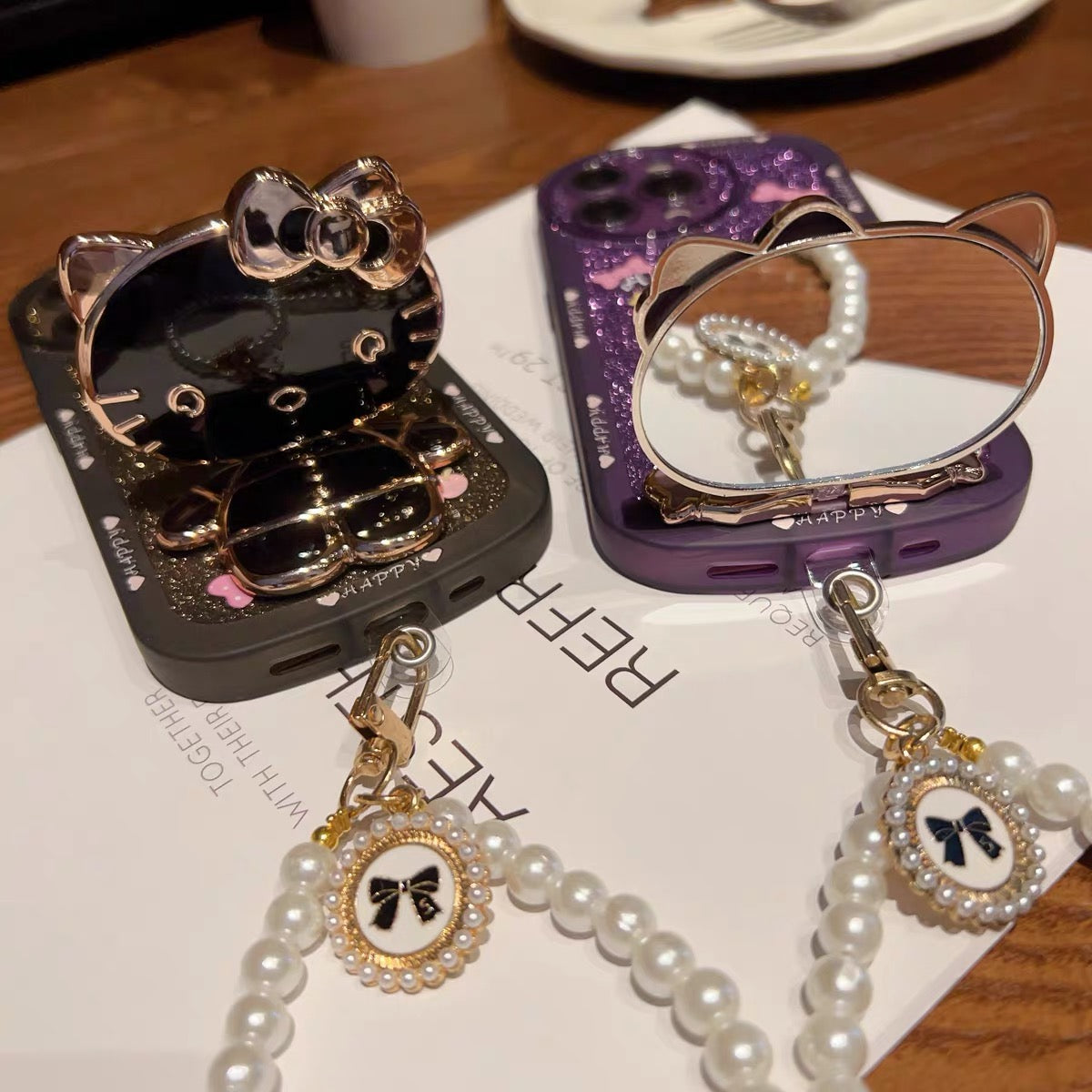 Cartoon Hello Kitty Phone Case with Mirror, Kickstand, and Wrist Strap