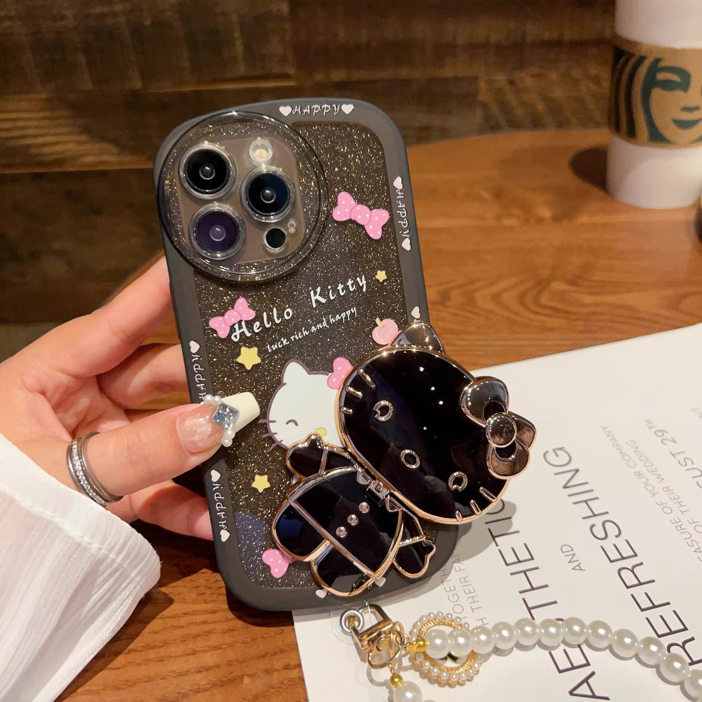 Cartoon Hello Kitty Phone Case with Mirror, Kickstand, and Wrist Strap